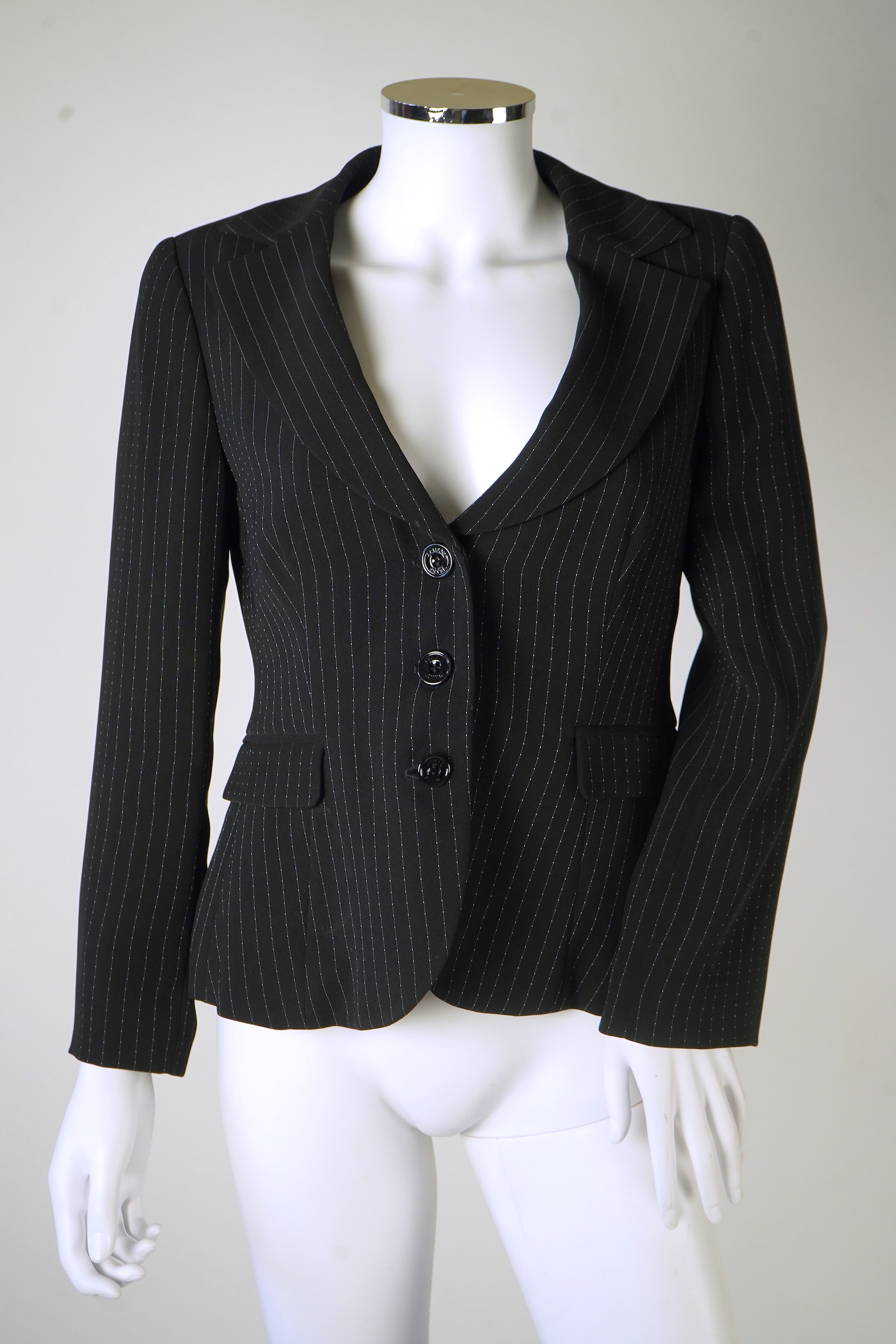 An Armani Jeans black pin stripe suit jacket Size 42